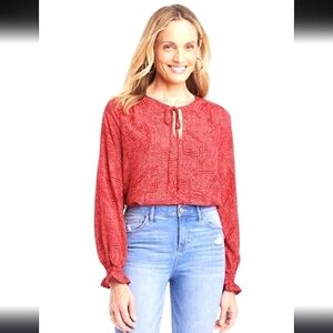 Knox Rose Red Long Sleeve Tie Front  Flowy Blouse Size Large